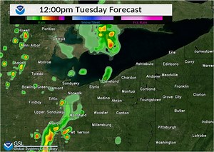 2.5K views · 57 reactions | More showers and thunderstorms are likely across the area today. This model radar simulation depicts the scattered nature of the storms this afternoon. Some thunderstorms could be strong to severe with strong winds and heavy rainfall the primary threats, mainly along/east of I-71. | US National Weather Service Cleveland OH | Facebook