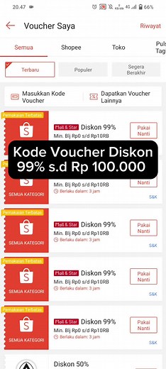 Kode Voucher Shopee Diskon 100rb Malam Ini