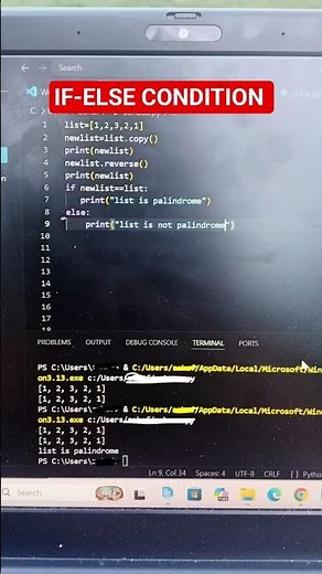 CHECK IF LIST IS PALINDROME OR NOT IN PYTHON!! #python