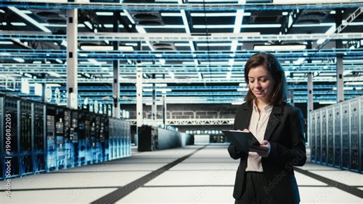 Data center technician using AR holographic overlay to monitor automation systems. Server room expert using augmented reality projection to oversee network equipment performance, camera A