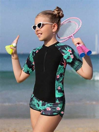 SHEIN Teen Girls' 2 Pieces Tropical Print Bikini Swimsuit, Spaghetti Strap Tankini Top And Bottom Set Tween Swimsuit Rashguard Tween Girl Swimsuit Short Sleeve Teen Girl Rash Guard Set Swimming Suit For Teens Summer Pink Teens Swim Wear Swimming Suits For Teenagers Teen Girls One Piece Swimsuit Short Sleeve Summer Vacation Thermal Christmas Holiday Festival New Years Valentines Swim رمضان عباياتabaya جلابياتjalabiya جلابيه | SHEIN