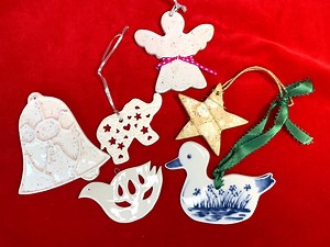 Vintage Ceramic Christmas Tree Ornaments: Angel, Bell, Duck, Elephant, Star, Bird (lot of 6)