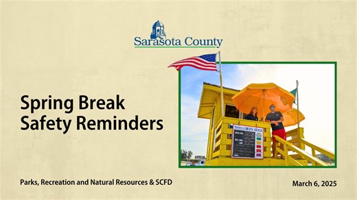 It's that time of year again, Spring Break is here! Remember these few tips to ensure our community and visitors have a fun and safe spring break: • Use designated access points to protect our native plants and wildlife. • Dispose of litter properly! Use waste receptacles or find appropriate disposal areas and remember to pack out what you pack in. • Remember: only service animals are permitted on most beaches. Head to Brohard Paw Park in Venice if you're bringing your furry friend along. • Stay