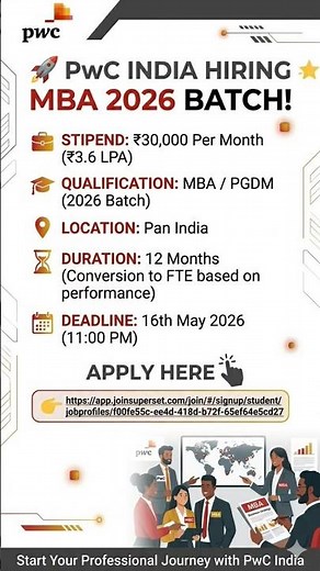 PwC India Hiring MBA 2026 Batch | ₹30K Stipend | Internship to Full Time Offer #mbacareers