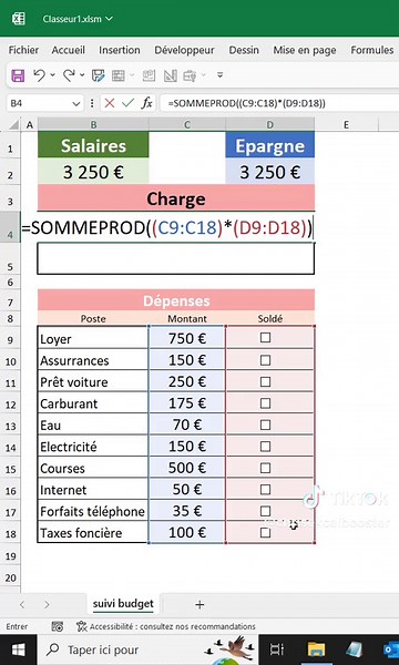 Dans cette vidéo, je vais te montrer comment est-ce qu’il est possible de suivre et mettre à jour tes charges, en fonction des postes de dépenses simplement en utilisant des cases à cocher qui vont permettre de prendre en compte la progression de tes dépenses. Une petite mise en forme conditionnelle de type barre de données sera également ajouté pour constater la progression des charges par rapport au salaire. Et la fonction sommeprod() va permettre de calculer la progression des dépenses en uti
