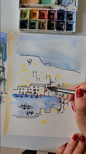 Aquarelle - une vue sur le port d’un village de pêcheur #croquisaquarelle #aquarelle #sketch