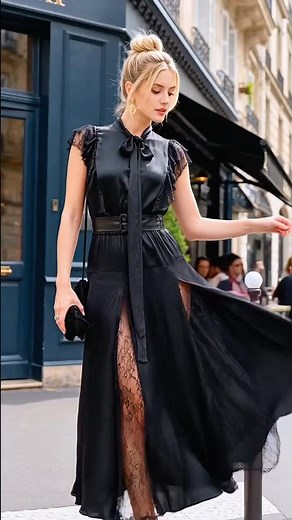 Black Silk Bow Blouse + Lace Slit Skirt = Dark Parisian Romance 🖤 #fashion #ootd #style