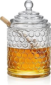 kanpura Clear Crystal Honey Pot with Dipper and Lid Glass Honey Jar with Dispenser Honey Holder and Syrup Container for Christmas Home Kitchen Decor,9 oz