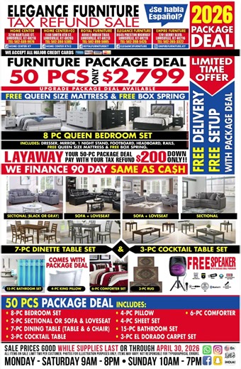 🔥 ELEGANCE FURNITURE TAX SEASON SALE 2026 🔥 💰 BIG SAVINGS ARE HERE! 💰 ✅ Selected items on special discount 📺 FREE TV on selected purchases 🧶 FREE rug on selected purchases 🚚 In-stock items ready for fast delivery 🛍️ Same-day pickup available 💸 90 days same as cash financing 💵 Only $10 down options available Make your tax refund work for you and upgrade your home in style 🛋️✨ Don’t wait — these deals won’t last long! 📍 Visit us at: 🏠 Elegance Furniture 8645 Preston Hwy, Louisville KY