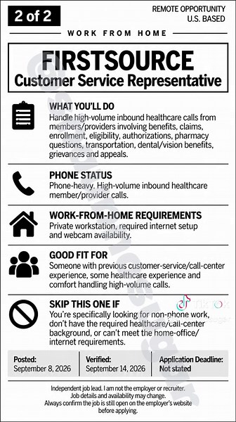 Firstsource Is Hiring for a Remote Customer Service Job. Looking for a real work from home job? Firstsource is hiring a remote Customer Service Representative for $15 an hour. I checked the official employer career site, and I broke down the pay, experience, schedule, requirements, and how to apply in this post. Save this one for later and send it to somebody looking for remote customer service work. Disclaimer: I independently research and share publicly available job opportunities for informat