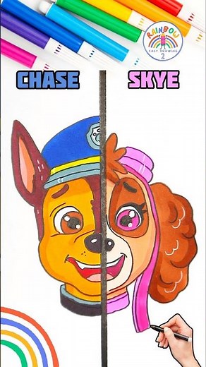 Draw PAW Patrol Simple | Chase and Skye Drawing Tutorial 🌈🐶 #pawpatrol #shorts #forkids #happy