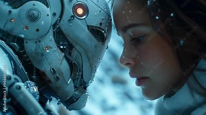 Young woman and a futuristic android are experiencing a close encounter, highlighting the potential for connection between humans and artificial intelligence