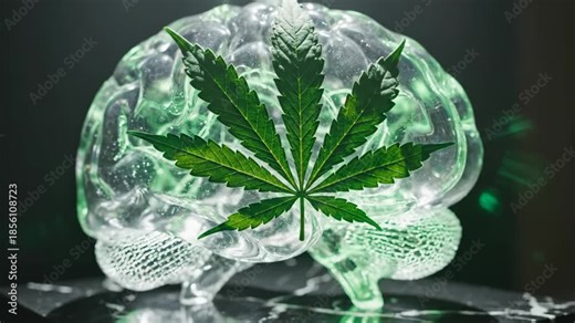 Marijuana and the Brain - A clear, plastic brain model with a cannabis leaf laying across the center. The video suggests a link between marijuana and brain function.