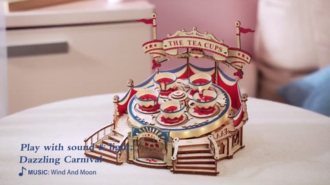 3D Wooden Tilt-A-Whirl Tea Cup Puzzle, Motorized Amusement Park Toy, Music Lights