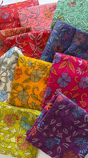 B I G S A R E E S on Instagram: "DM us for a direct link to this exclusive collection. Presenting our most loved Kantha stitch collection on pure mul cotton fabric - now available with running blouse pieces featuring hand-embroidered sleeves. Super soft, breathable, and easy to maintain - these sarees are perfect for everyday elegance. Handcrafted with high-quality embroidery, available in attractive colors, and priced super reasonably. 💖 Limited pieces, only single sarees available - so don’t