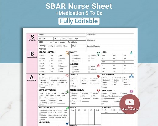 Editable SBAR Nurse Report Sheet Med Surg Nurse Brain Sheet ICU Nursing Report W/ Medication RN Report Sheet Nurse Charting & Handoff Report - Etsy