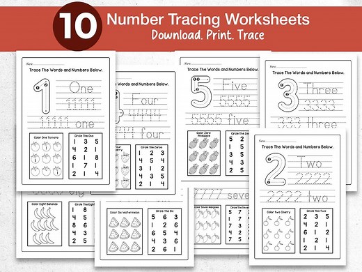 10 Number Tracing Worksheets Preschool Worksheet Printable Number Tracing Handwriting Practice Kindergarten Worksheets Learning Numbers - Etsy