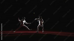 Attack And Defense In Fencing Sport, Duel Of Young Women Fencers In Fencing Track, Slow Motion