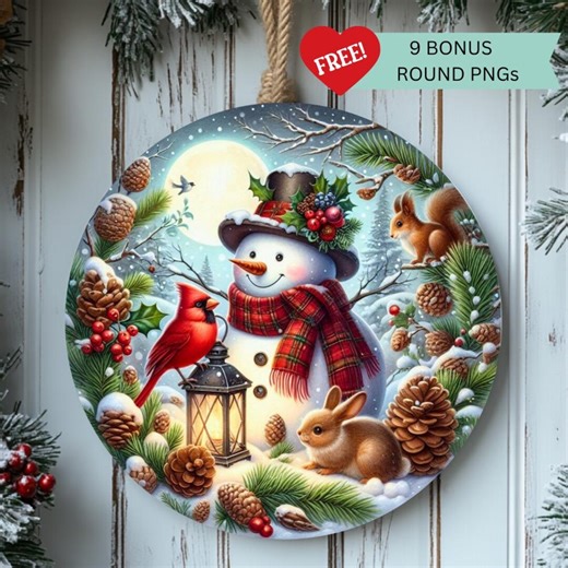 Snowman Lantern PNG – Christmas Round Sublimation Design – Woodland Winter Animals – Door Hanger – Digital Download - Etsy