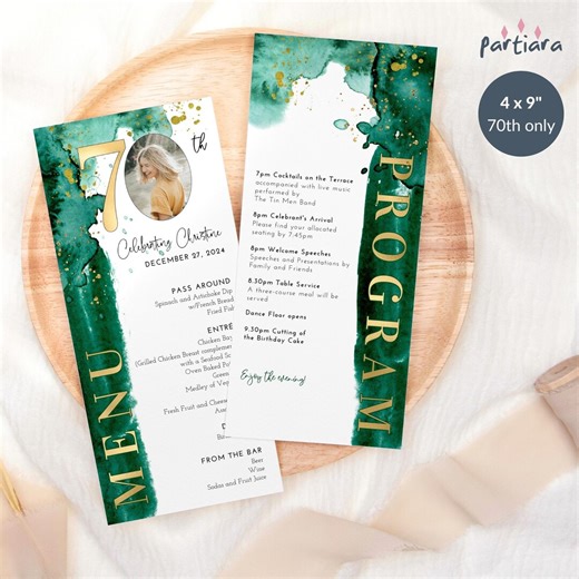 70th Birthday Menu Program Template, Ladies Editable Photo Dinner Party Menus Printable, Emerald Green Gold Table Decor, Download P205 - Etsy