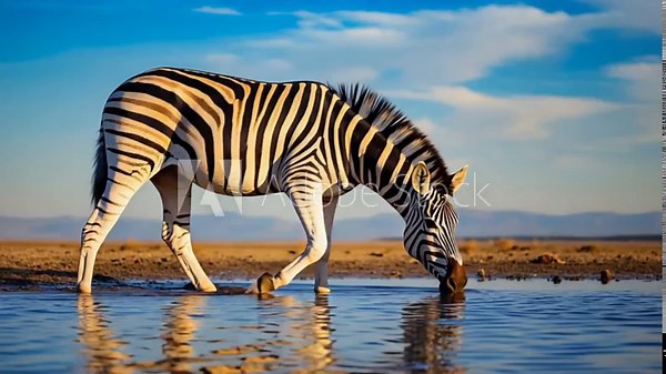 A zebra drinking water in a shallow pool with a clear sky and horizon in the background scene zebra video