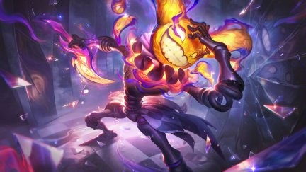 Shaco (League of Legends), video game characters, clenched teeth, smiling, standing, Pandemonium (League of Legends), video games, GZG, Riot Games, digital art, League of Legends, Prestige Edition (League of Legends), 4K, video game art, glowing, chess floor, broken glass, jester | 7680x4320 Wallpaper - wallhaven.cc