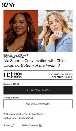 Join NiaSioux and Chloe Lukasiak for a conversation about Bottom of the Pyramid. Ticket link here- https://www.92ny.org/event/nia-sioux-in-conversation | Dr. Holly Hatcher-Frazier
