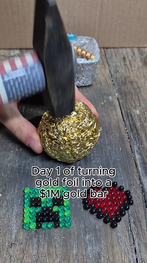 Day 1 of turning gold foil into a $1M gold bar ⛏️ #day1 #gold #hammer #foil #challenge