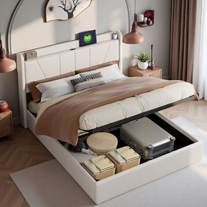 Lit coffre 140x200 cm avec 2 ports USB et 1 port Type-C, Lit rembourré avec fonction de levage hydraulique, espace de rangement, tissu lin, pour adultes et adolescents, Beige