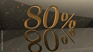 Gold numbers 80% on a mirror surface surrounded by flying round small particles 4k video computer render