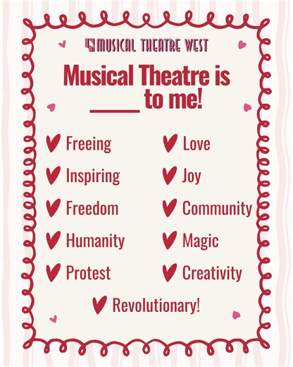 Musical Theatre West on Instagram: "Happy Valentine’s Day from the MTW Fam 🩷 We asked our Man of La Mancha company and MTW staff to sum up what theatre means to them and their answers say it all. Theatre is community, joy, and love. Tonight, we open Man of La Mancha, and we can’t wait to share that love with you in the room. What does Theatre mean to you? 🎭 Opening Night tonight at 7pm ✨ Red carpet & live music before the show #ManOfLaMancha #OpeningNight #ValentinesDay #MusicalTheatreWest #LO