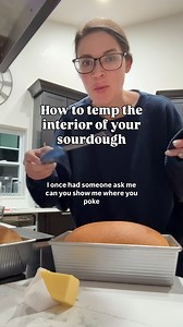 Here's how I check the internal temperature of my bread when it's finished baking. Typically, we're looking for 205-210°F (96-99°C) to confirm it has baked all the way through. I know this video is kind of specific, but I've had a few messages asking me where I insert the probe for the best reading. I like doing it on the edge where it's less likely to be seen, and I try to insert it right to the center for the most accurate reading. #sourdoughtips | That Sourdough Gal