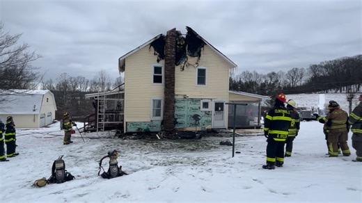 Watch as a chimney collapses following a fire at a house along Eakin Road in Venango Township, Butler County. Read more on the third alarm fire: https://www.butlereagle.com/20251205/third-alarm-called-for-fire-in-northern-butler-county/ | Butler Eagle