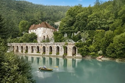 🌲 La Chartreuse de Vaucluse au début du XXᵉ siècle, avant la mise en eau du barrage de Vouglans Silence de l’eau, densité des bois, pierre immobile : tout ici respire la paix et l’intemporel. Une barque glisse sur l’Ain, sous les arches, comme si le lieu devait durer toujours. Et pourtant, cette scène appartient à un paysage condamné. En 1968, la mise en eau du barrage de Vouglans engloutira la chartreuse de Vaucluse, ses bâtiments annexes et les rives de la rivière. L’ancienne chartreuse, situ