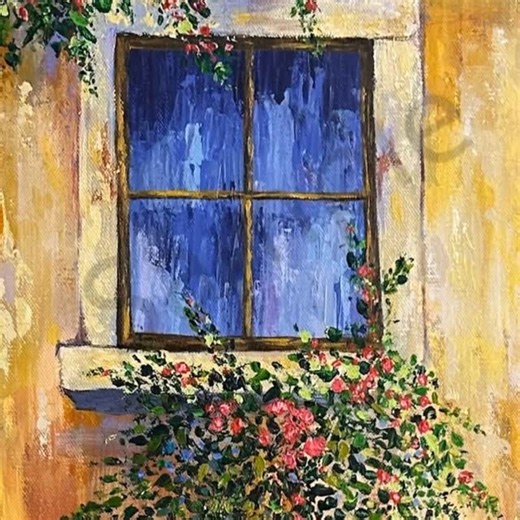Shivani Vohra on Instagram: ""Framed Nostalgia (Print)" // Link in bio. This painting portrays a vibrant window scene with a rustic, textured yellowish-orange wall as the backdrop. The central focus is a blue-paned window with rich, deep hues, framed by a weathered white border. Surrounding the window are lush, cascading plants adorned with small, vivid red flowers, creating a sense of liveliness and charm. The vegetation flows from both the top and the bottom of the window, suggesting a natural