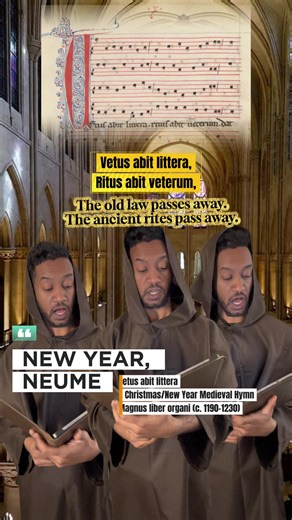 New year, neume. This New Year and Christmas medieval hymn, Vetus abit littera, belongs to the repertory preserved in the Magnus liber organi (c. 1160–1200), a foundational source for early Notre Dame music in Paris. The collection documents the moment when plainchant began to be expanded into early polyphony, with long sustained tenor notes and newly organized rhythmic patterns above. Texts like this reflect late-12th-century theology, emphasizing the passing of the Old Law and the arrival of t