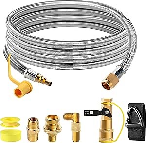 12 ft. RV to Gas Grill Propane Quick Connect Hose with 1/4" Safety Shutoff Valve, Stainless Steel Braided Propane Hose with Elbow Adapter, Connects to 1 LB Portable for Blackstone 17"/22" Grill