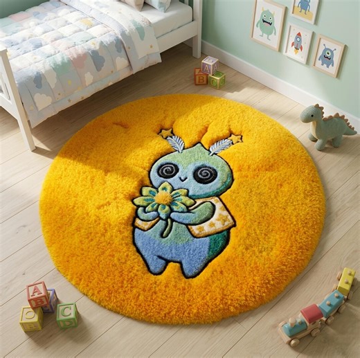 Handmade Fluffy Alien Rug, Yellow Round Plush Carpet, Kids Playroom Decor - Etsy