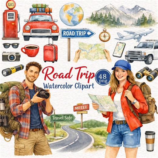 Watercolor Road Trip Adventure Clipart, Travel Png, Vacation Holiday Image, Camping Time Digital Download - Etsy