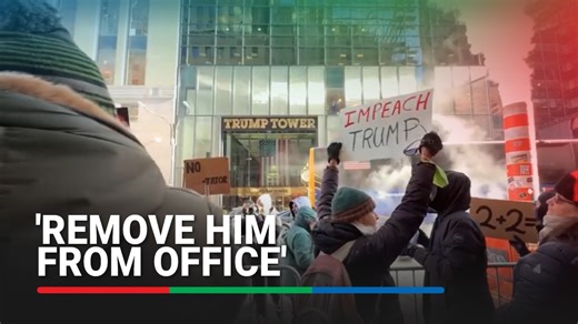 Protesters gathered across the street from Trump Tower in New York on Tuesday (January 20), marking one year since Donald Trump returned to office. (Production: Roselle Chen) | ABS-CBN News