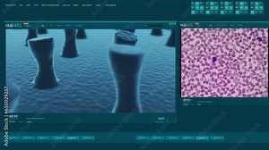 CGI of computer program interface with images of dangerous virus and data, medical research concept