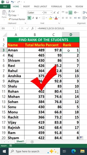 Find the Rank of Students in Excel #excel #shorts