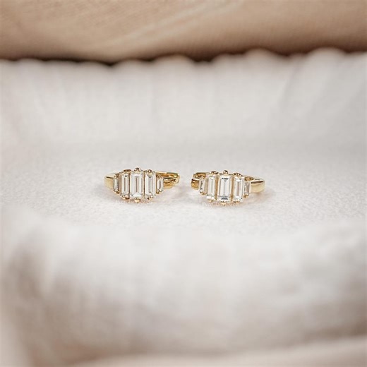 Baguette Cut Natural Diamond Huggie Earrings/ Real Diamond Hoop Earring Gift/ Earth Mined Diamond Earring/ 14k Solid Gold Huggies for Gift - Etsy