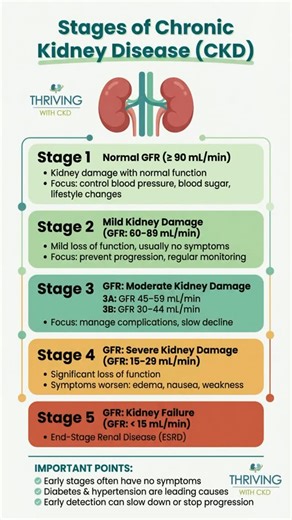 Understanding your Kidney Disease stage is the first step toward taking control of your health & your kidneys. 🩺 Many people feel overwhelmed when they first see their GFR numbers, but knowledge is your greatest tool for slowing progression and protecting your kidney function. 🛡️ Chronic Kidney Disease is categorized into five stages based on your Glomerular Filtration Rate (GFR), which measures how well your kidneys are filtering waste from your blood. 🧪 🟢 Stage 1 & 2: Your kidneys are stil