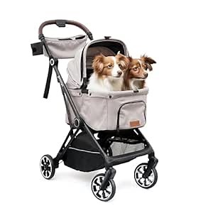 PINCOGO Dog Stroller for Medium Dogs Up to 50 lbs, One Button Folding, 180˚ Convertible Canopy, 360° Rotation and Brake Wheels Cat Puppy Stroller for Medium Large Pet, Cup Holder, Washable, Waterproof
