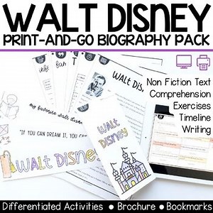 Walt Disney Biography Set - Reading Passage, Differentiated Activities, Brochure