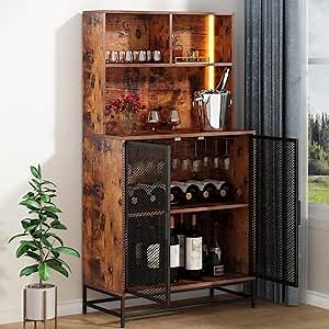 Auromie Wine Bar Cabinet with LED Lights, 4-Tier Coffee Bar Cabinets with Storage Shelves, Industrial Kitchen Storage Cabinet with Wine Rack, Freestanding Liquor Cabinet with Glass Holder, Rustic