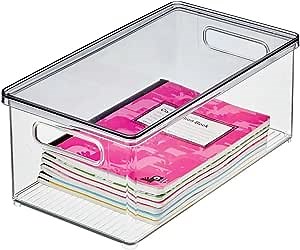 mDesign Plastic Storage Bin Box Container with Lid - Built-in Handles - Organization for Pens, Pencils, or Work Supplies in Home Office, Cabinet, or Desk Top, Ligne Collection, Clear/Smoke Gray