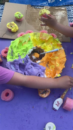 We cut up pool noodles and turned them into the cutest little “donuts” 🍩😂 We used shaving cream food coloring to make “icing” and added sprinkles… and my toddlers were OBSESSED. Messy, colorful, and the easiest sensory play that actually kept them busy 🙌 Save this for your next play activity 👏 #toddleractivities #sensoryplayideas #preschoolactivities #toddlerfun #kidsactivities