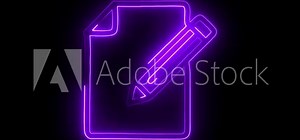 Pen and paper with text neon icon animation. Writing message or document concept. pencil on a sheet of a document file neon icon on background.